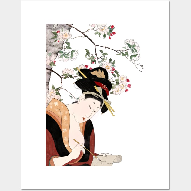 Japanese woodblock woman portrait woman writing Wall Art by colorandcolor